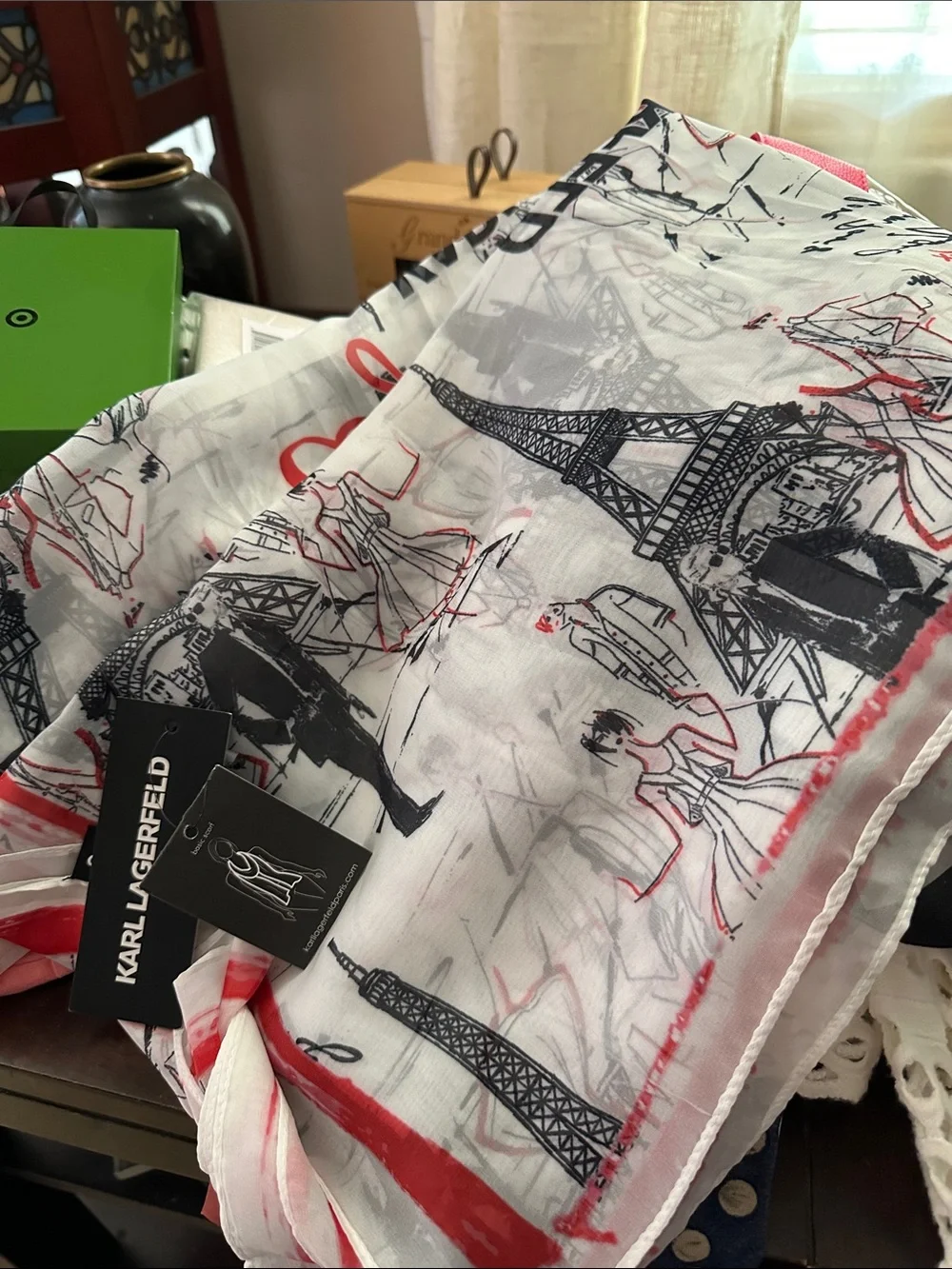 Karl Lagerfeld White Scarf with Black Eiffel Tower and Red Accents